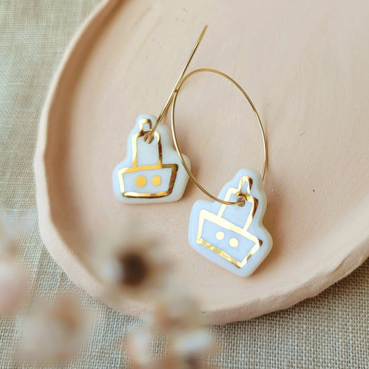 Porcelain dangle earrings with gold "White boats with gold"