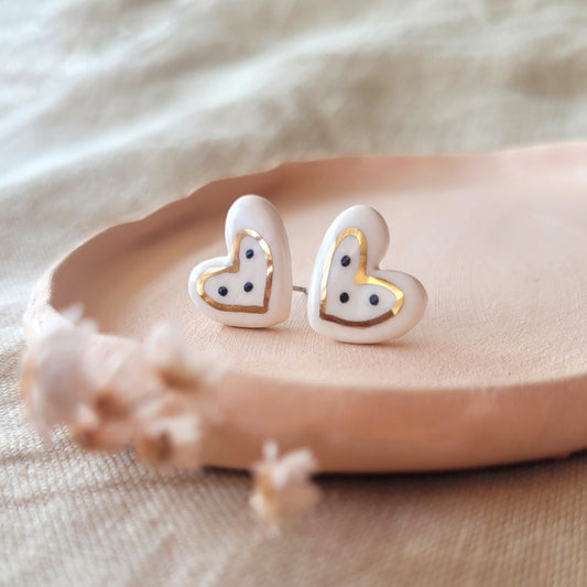 Porcelain stud earrings with gold "Hearts with dots"