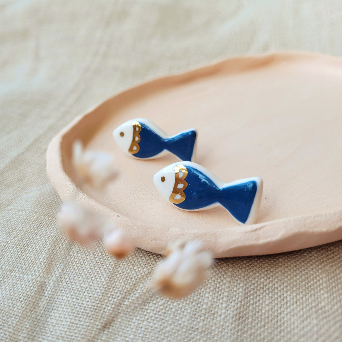 Porcelain stud earrings with gold " Dark blue fish"