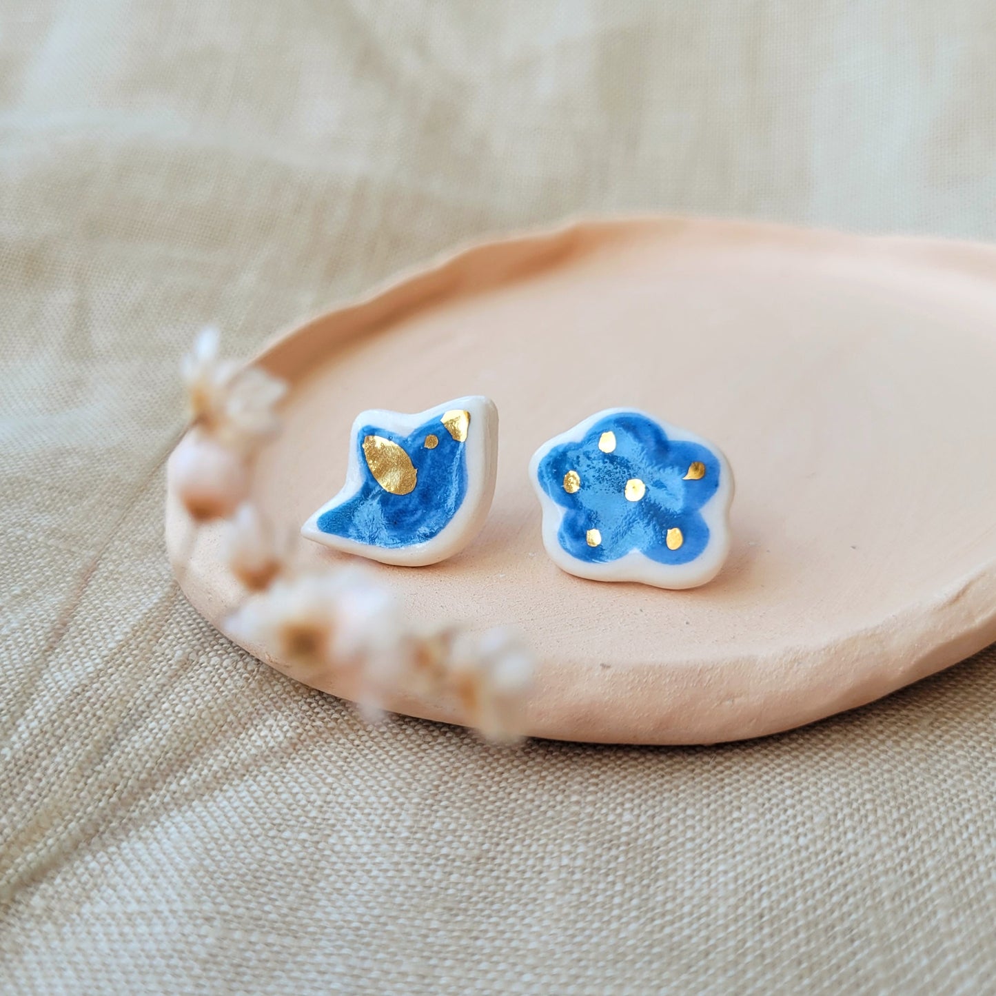 Porcelain stud earrings with gold "Blue bird with cloud"