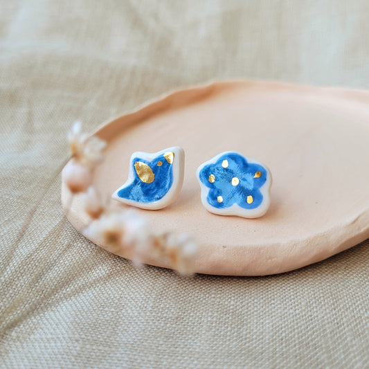 Porcelain stud earrings with gold "Blue bird with cloud"