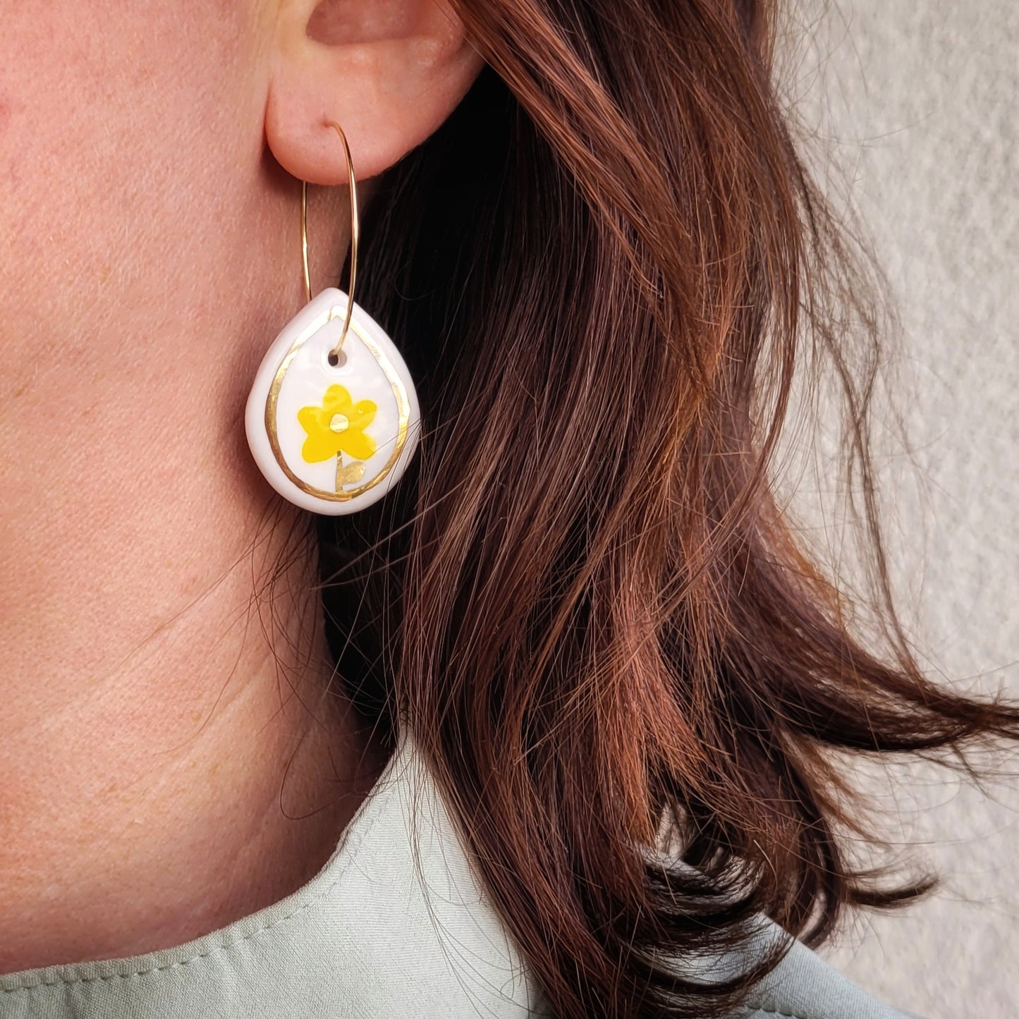 Porcelain dangle earrings with gold "Yellow flowers"