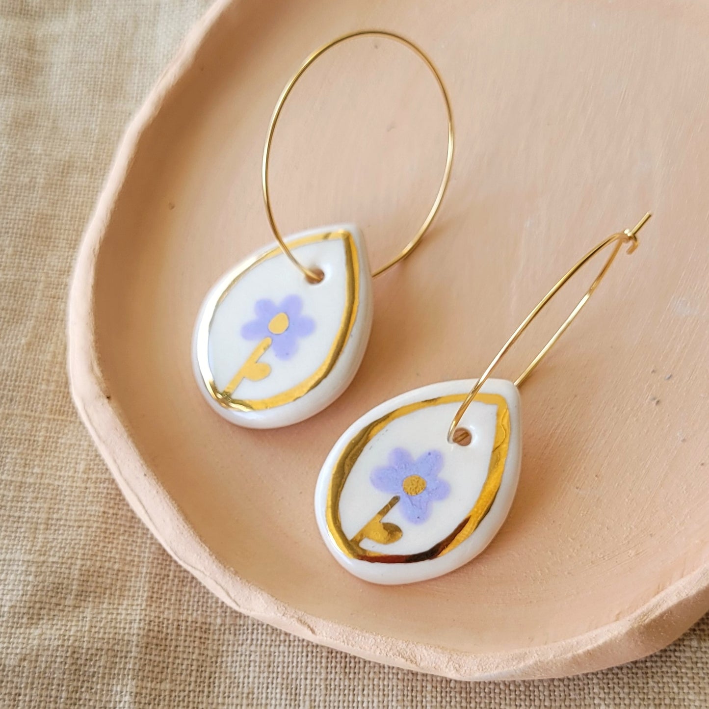 Porcelain dangle earrings with gold "Purple flowers"