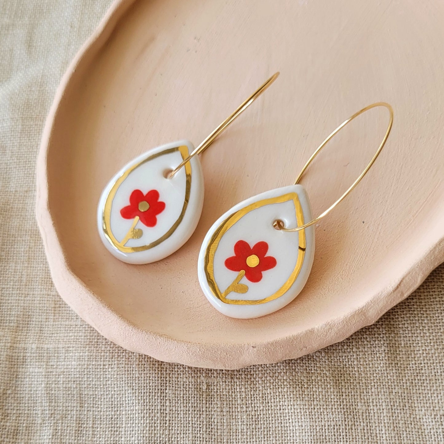 Porcelain dangle earrings with gold "Red flowers"