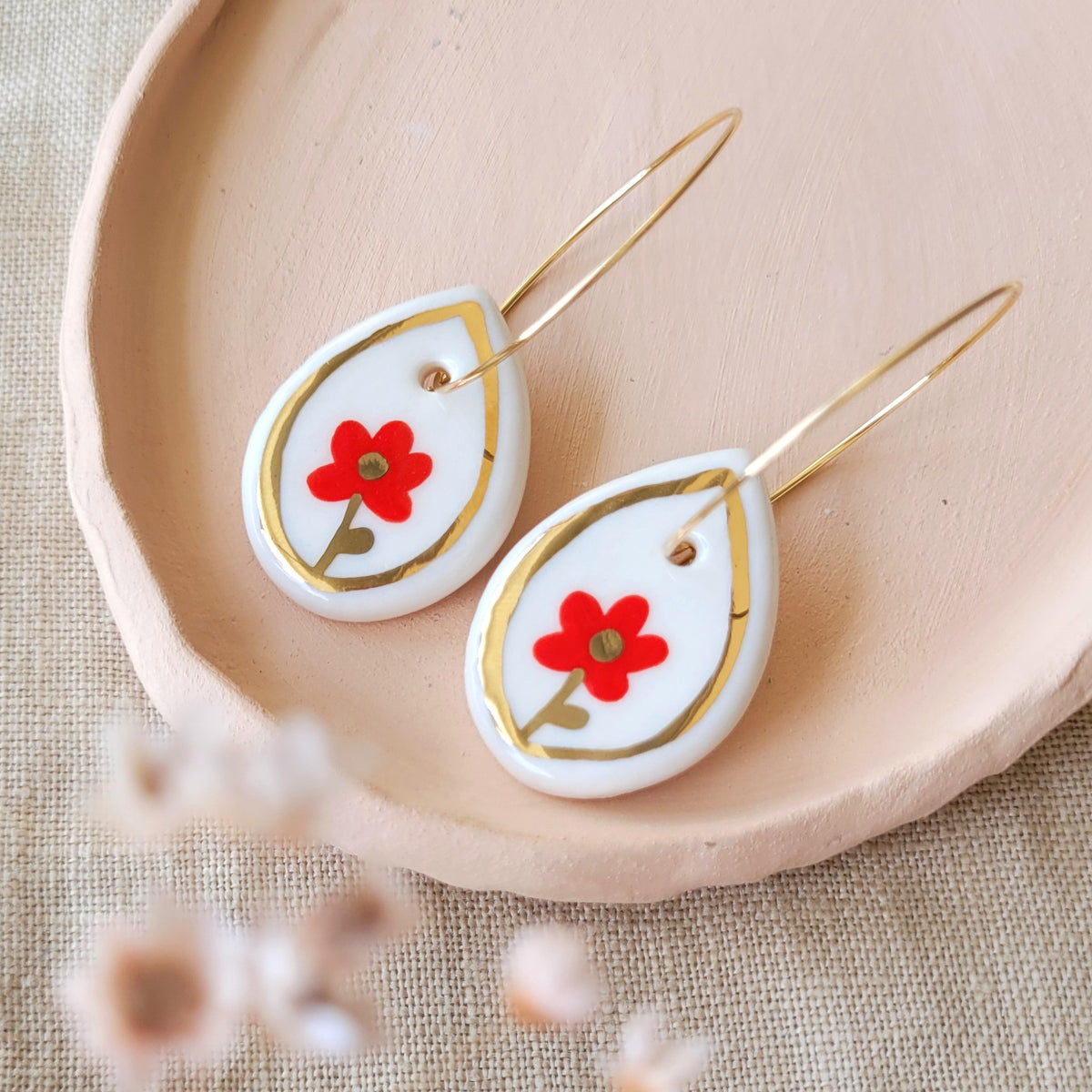 Porcelain dangle earrings with gold "Red flowers"