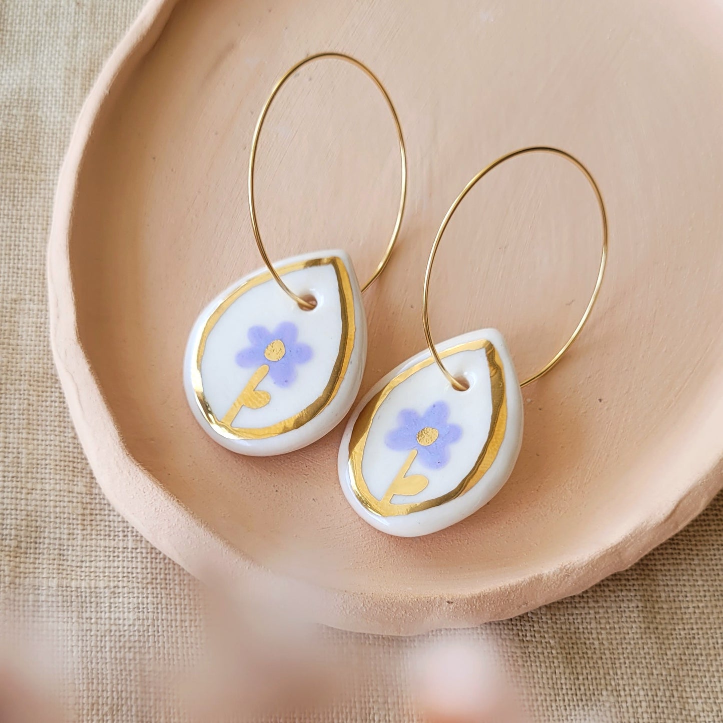 Porcelain dangle earrings with gold "Purple flowers"