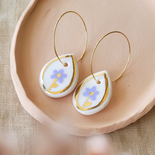 Porcelain dangle earrings with gold "Purple flowers"