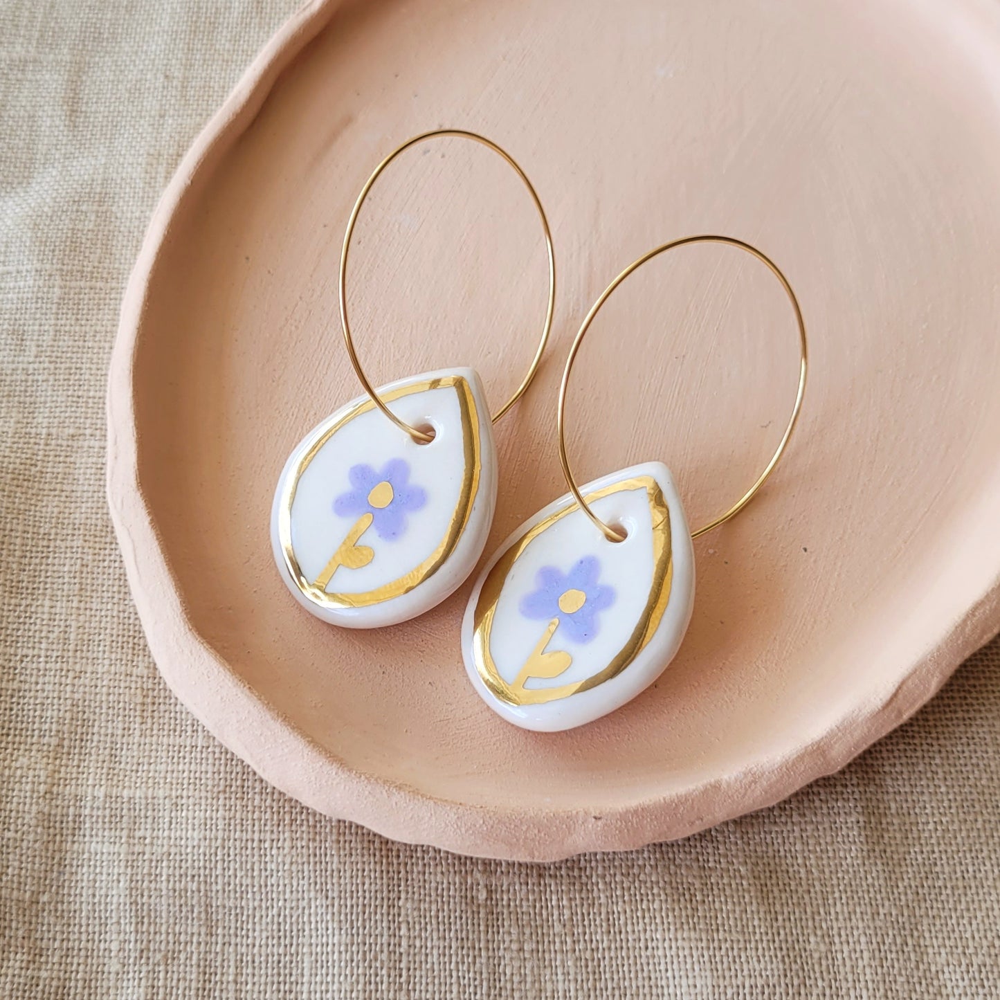 Porcelain dangle earrings with gold "Purple flowers"