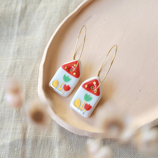 Porcelain dangle earrings with gold "Red houses"