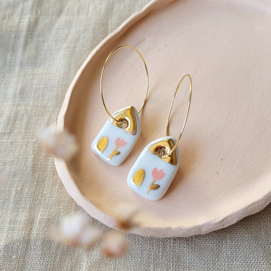 Porcelain dangle earrings with gold "Houses with pink tulips"