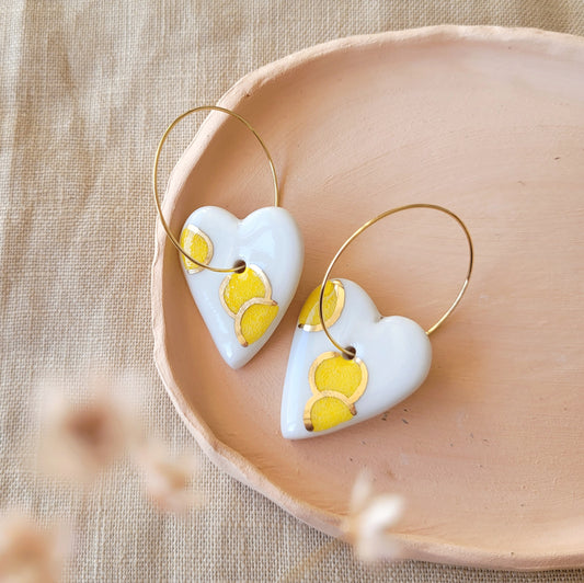 Porcelain dangle earrings with gold "Hearts white and yellow"