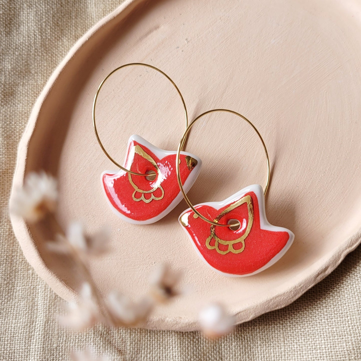 Porcelain dangle earrings with gold "Red birds with gold"