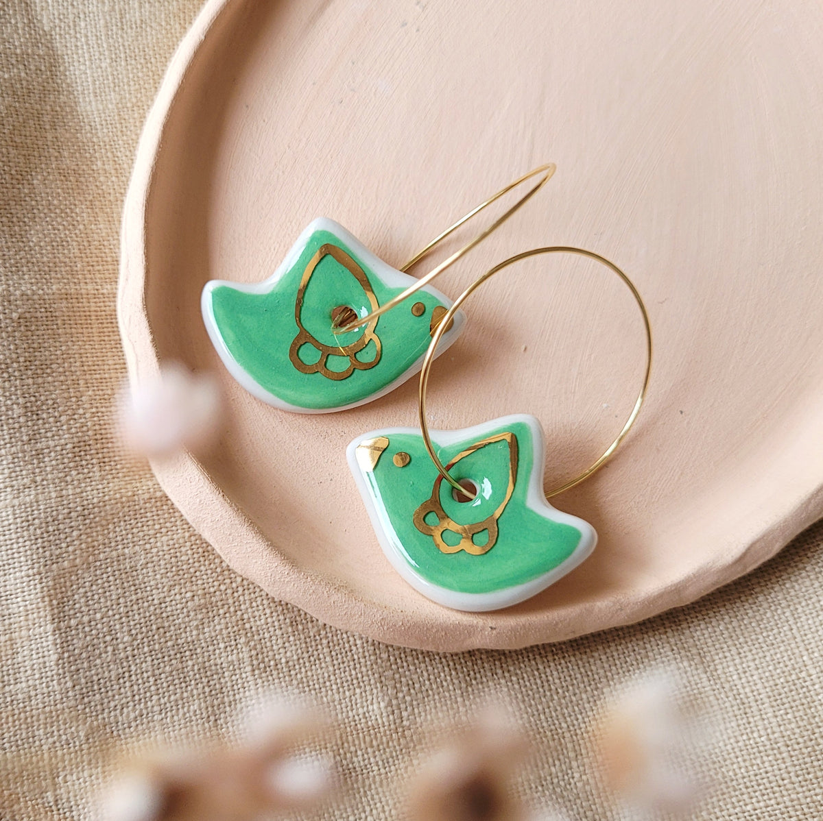 Porcelain dangle earrings with gold "Green birds with gold"
