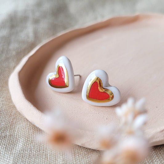 Porcelain stud earrings with gold "Red hearts with gold"