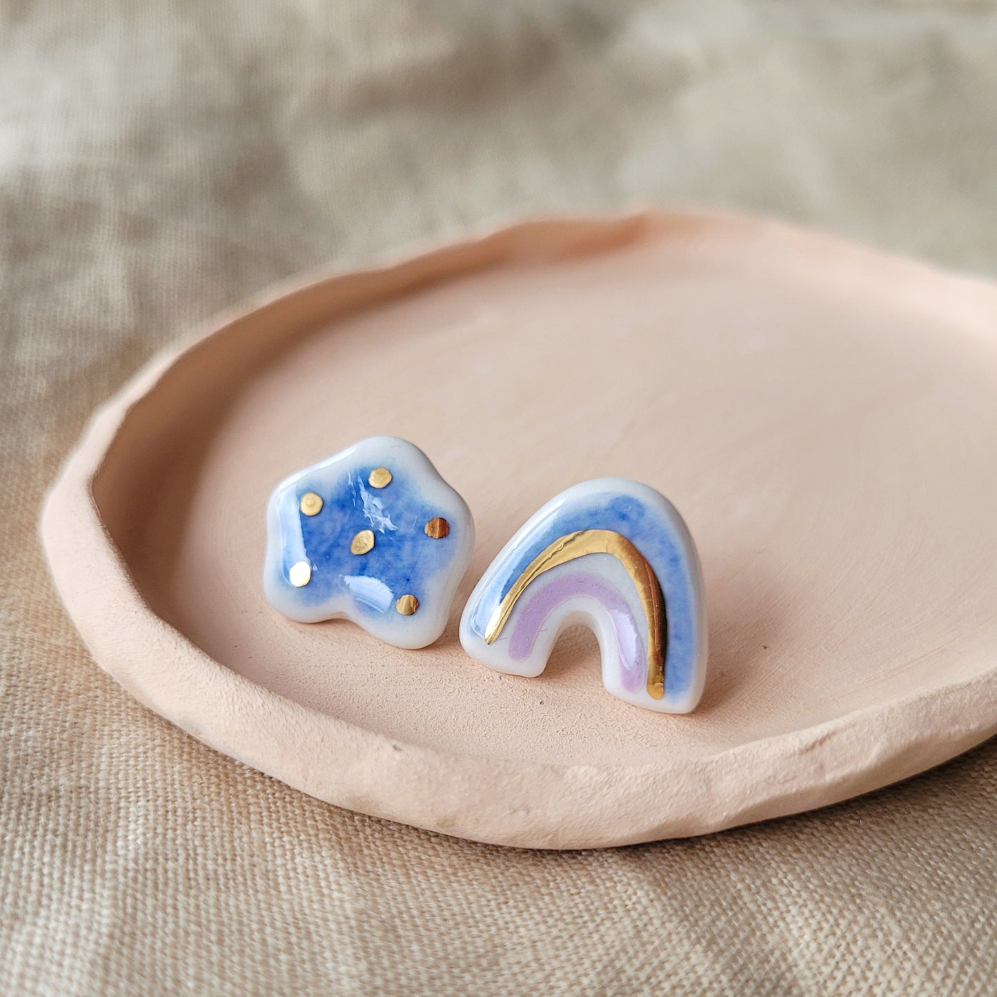 Porcelain stud earrings with gold "Rainbow and blue cloud"