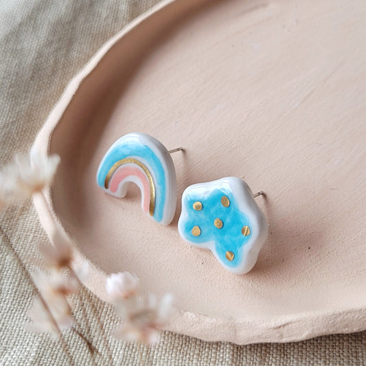 Porcelain stud earrings with gold "Rainbow and light blue cloud"