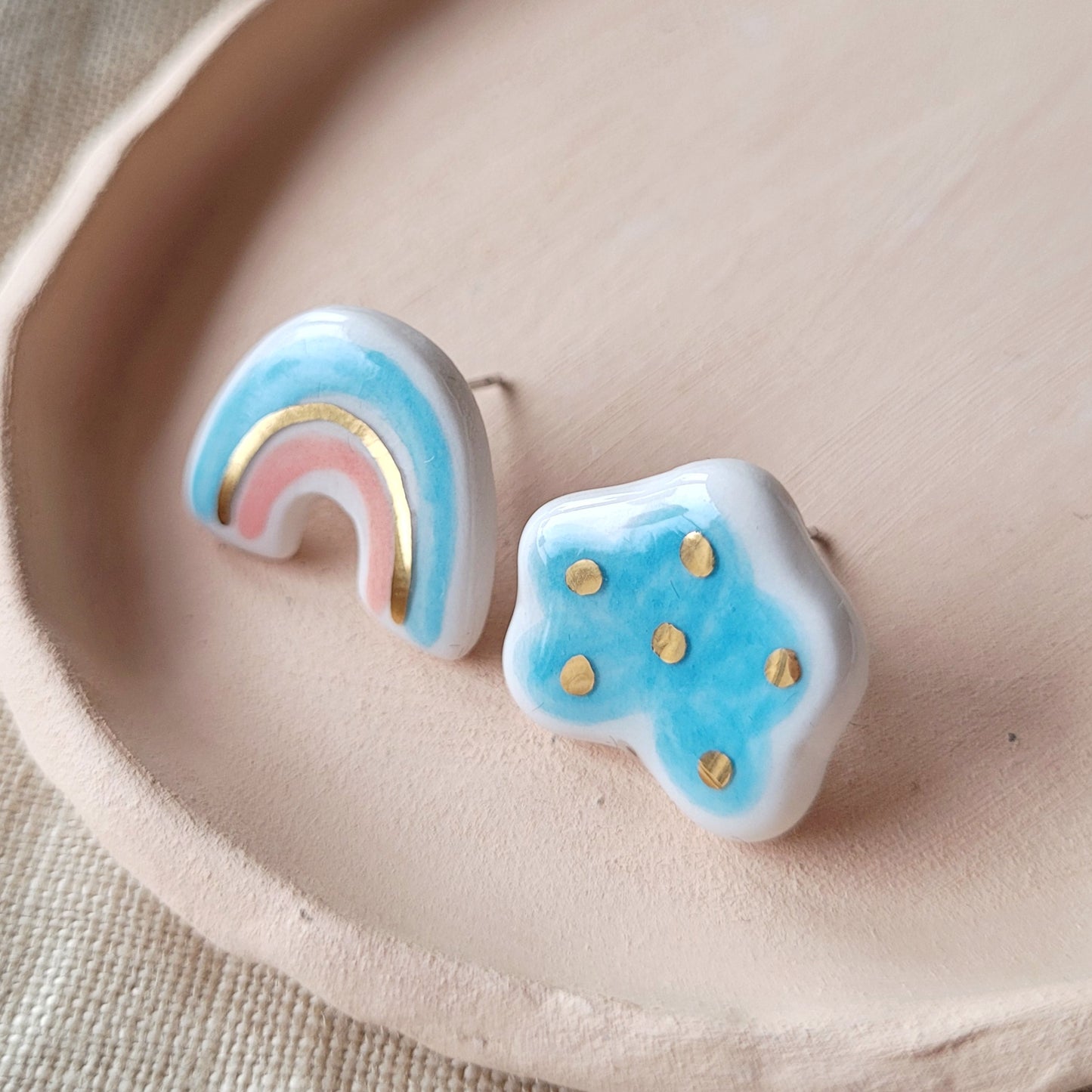 Porcelain stud earrings with gold "Rainbow and light blue cloud"