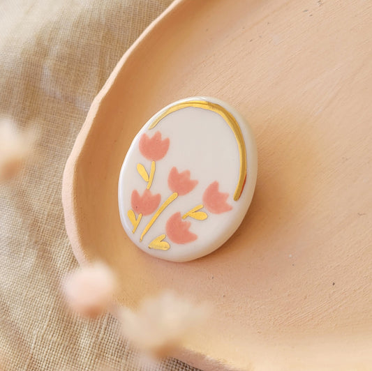 Porcelain brooch with gold "Pink tulips"