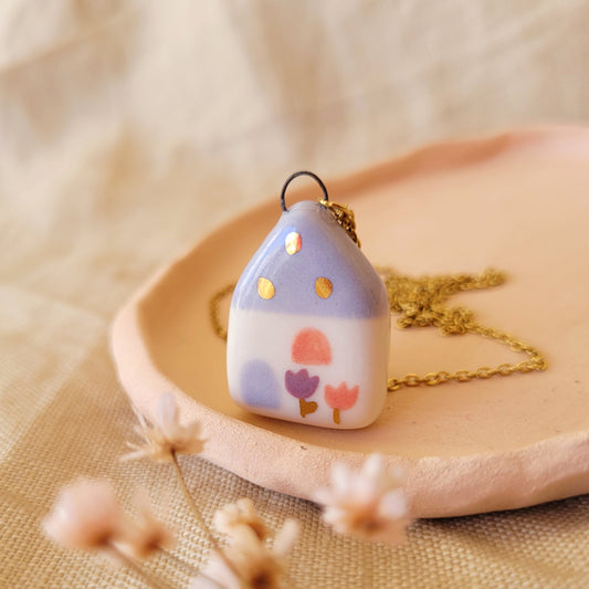 Porcelain necklace with gold "Light purple house"