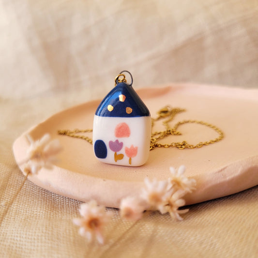 Porcelain necklace with gold "Dark blue house with dark blue door"