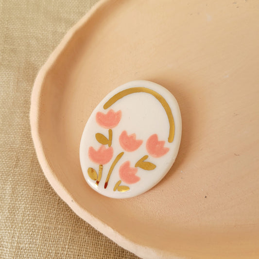 Porcelain brooch with gold "Pink tulips"