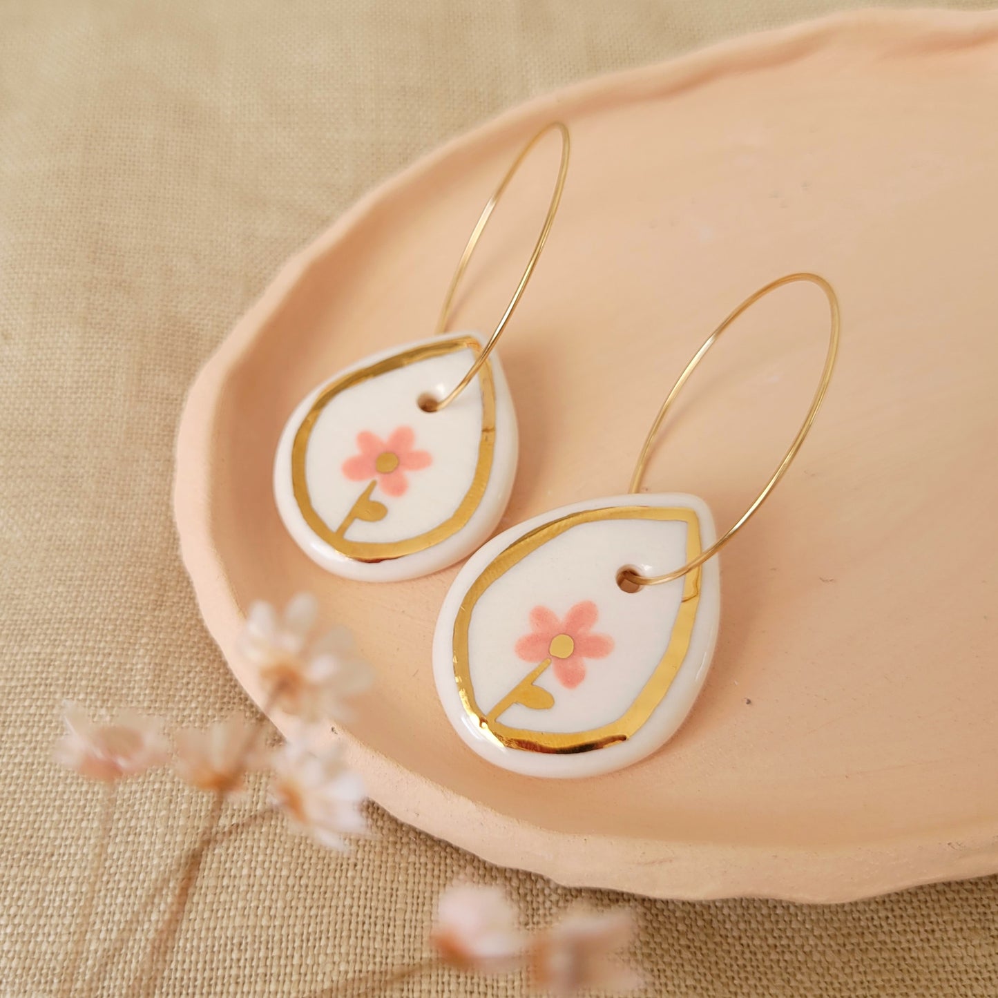 Porcelain dangle earrings with gold "Pink flowers"