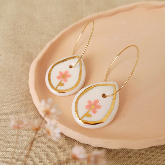Porcelain dangle earrings with gold "Pink flowers"