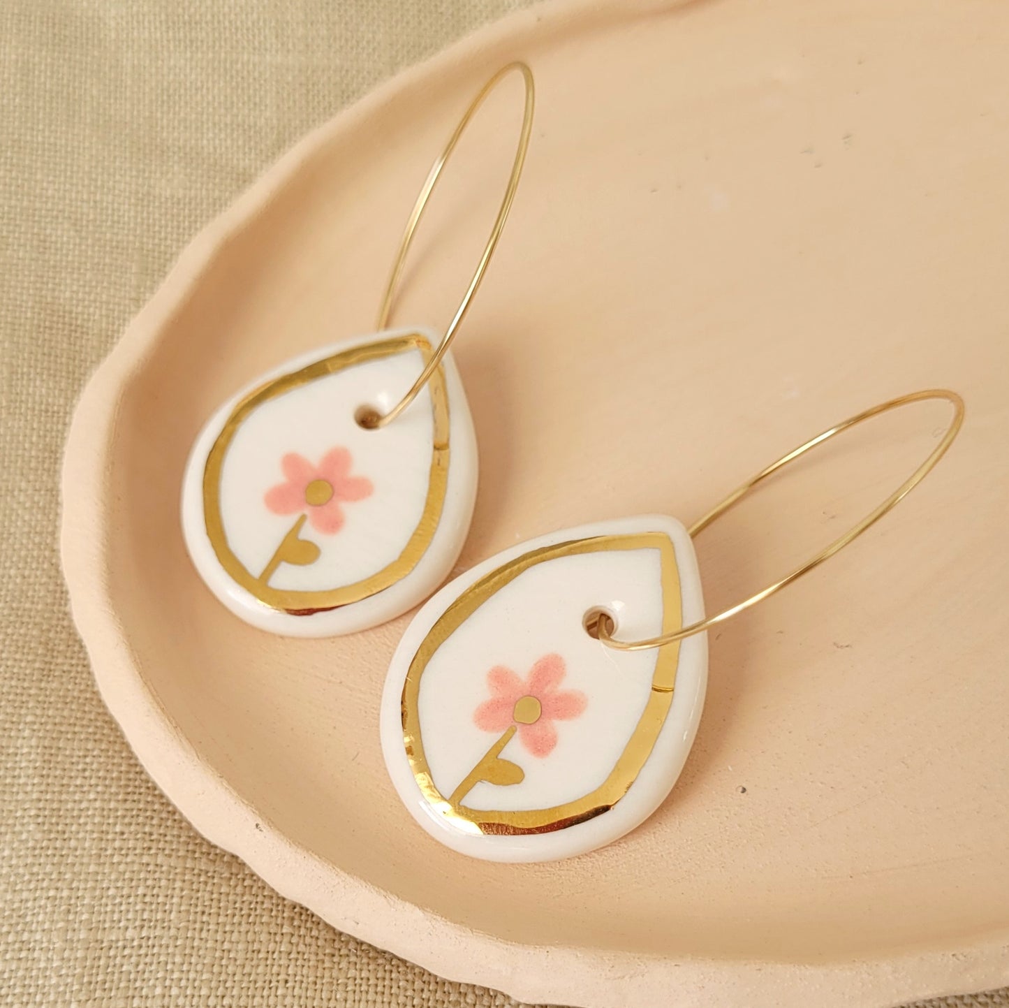 Porcelain dangle earrings with gold "Pink flowers"