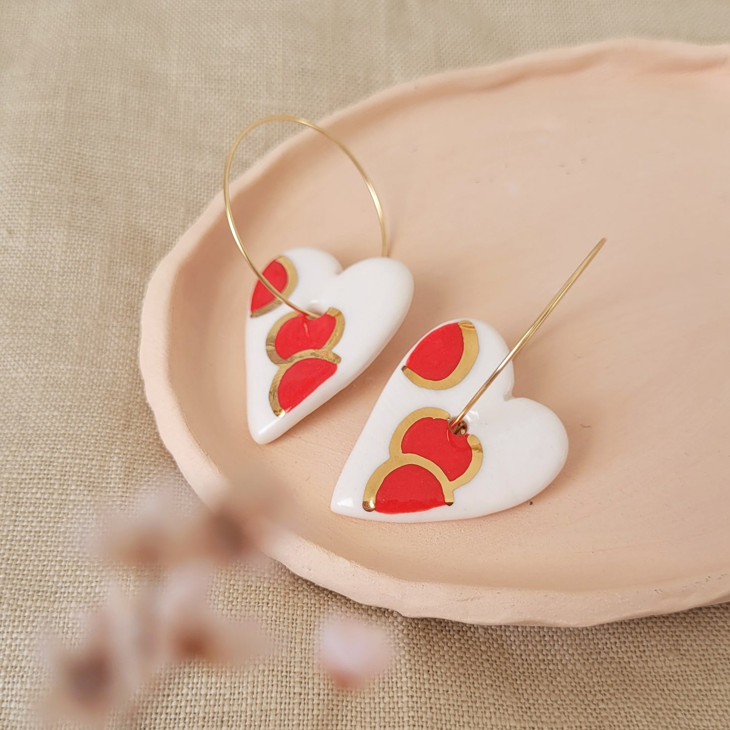 Porcelain dangle earrings with gold "Hearts with red and gold"