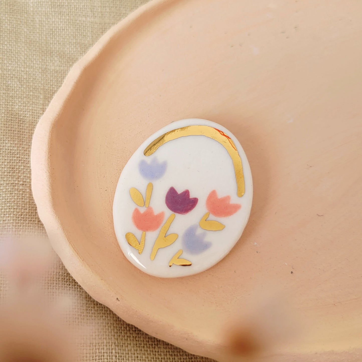 Porcelain brooch with gold "Tulips"
