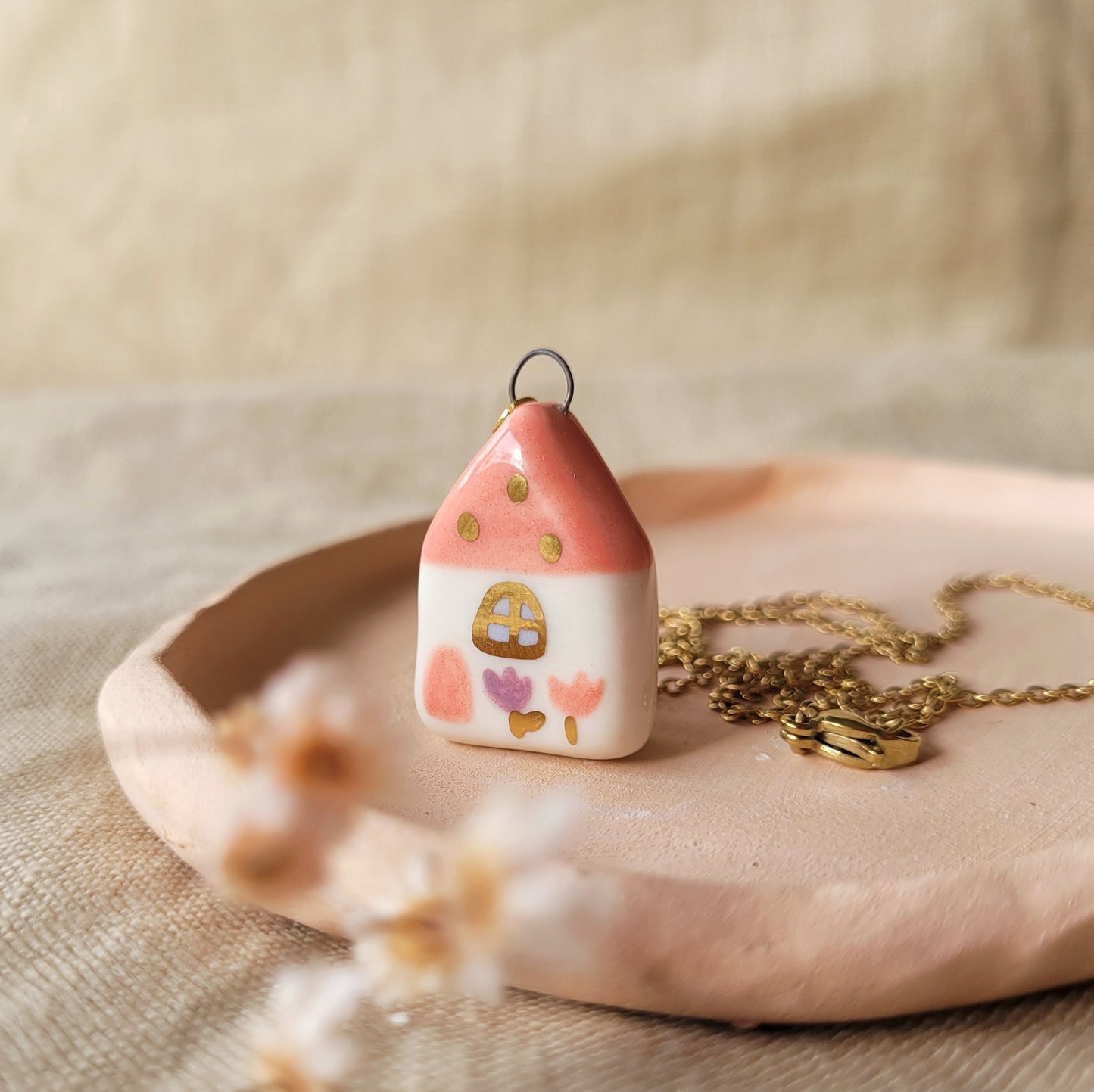 Porcelain necklace with gold "Pink house with golden window"