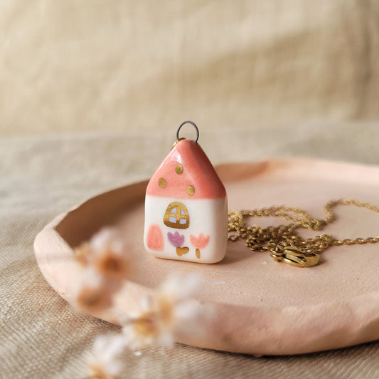 Porcelain necklace with gold "Pink house with golden window"