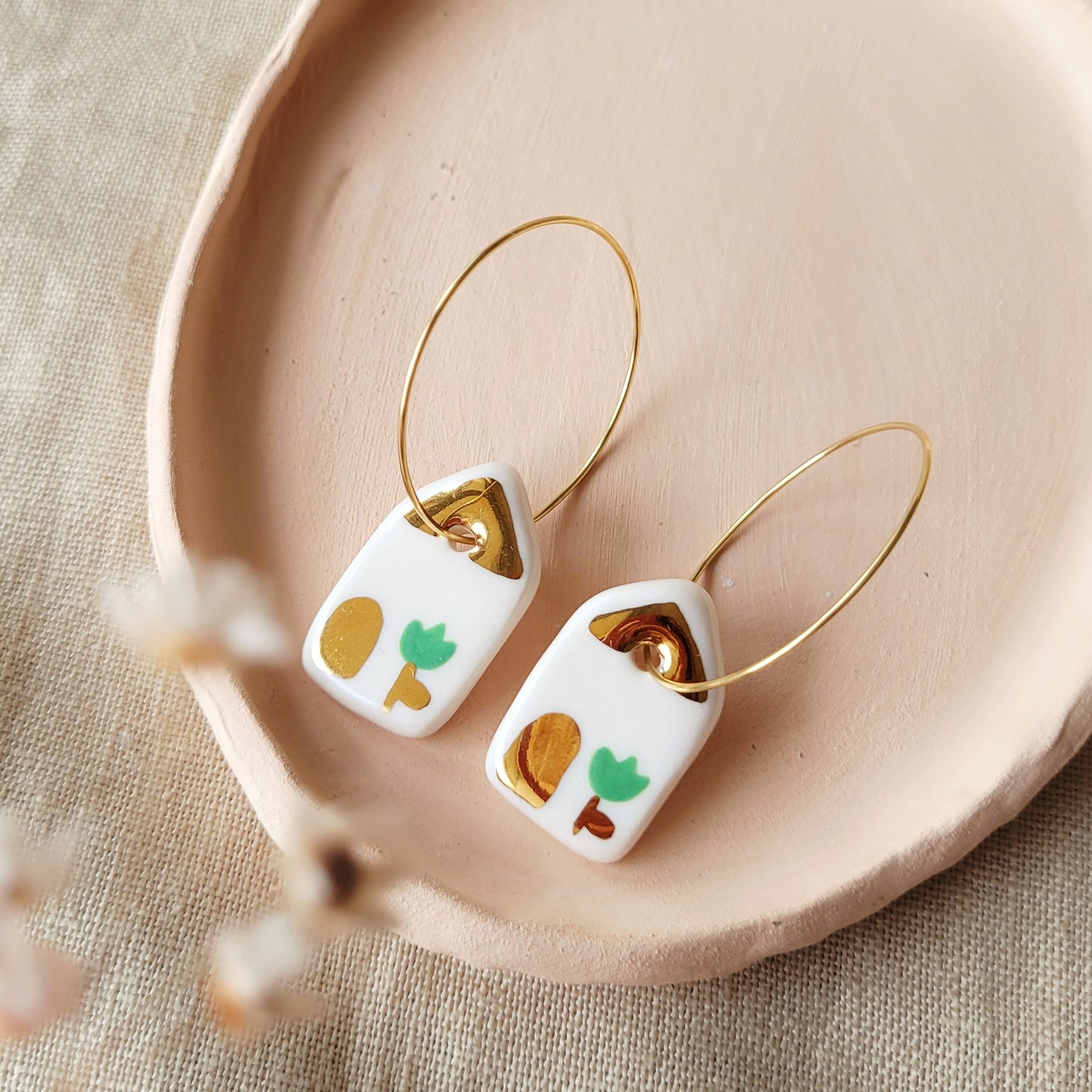 Porcelain dangle earrings with gold "Houses with green tulips"