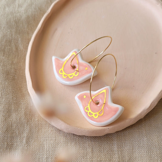 Porcelain dangle earrings with gold "Pink birds"