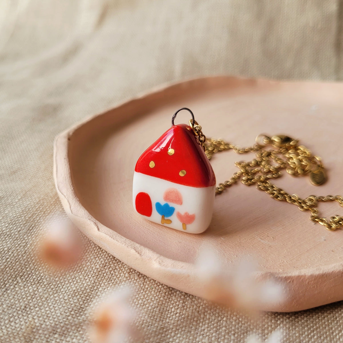 Porcelain necklace with gold "Red house with pink window"