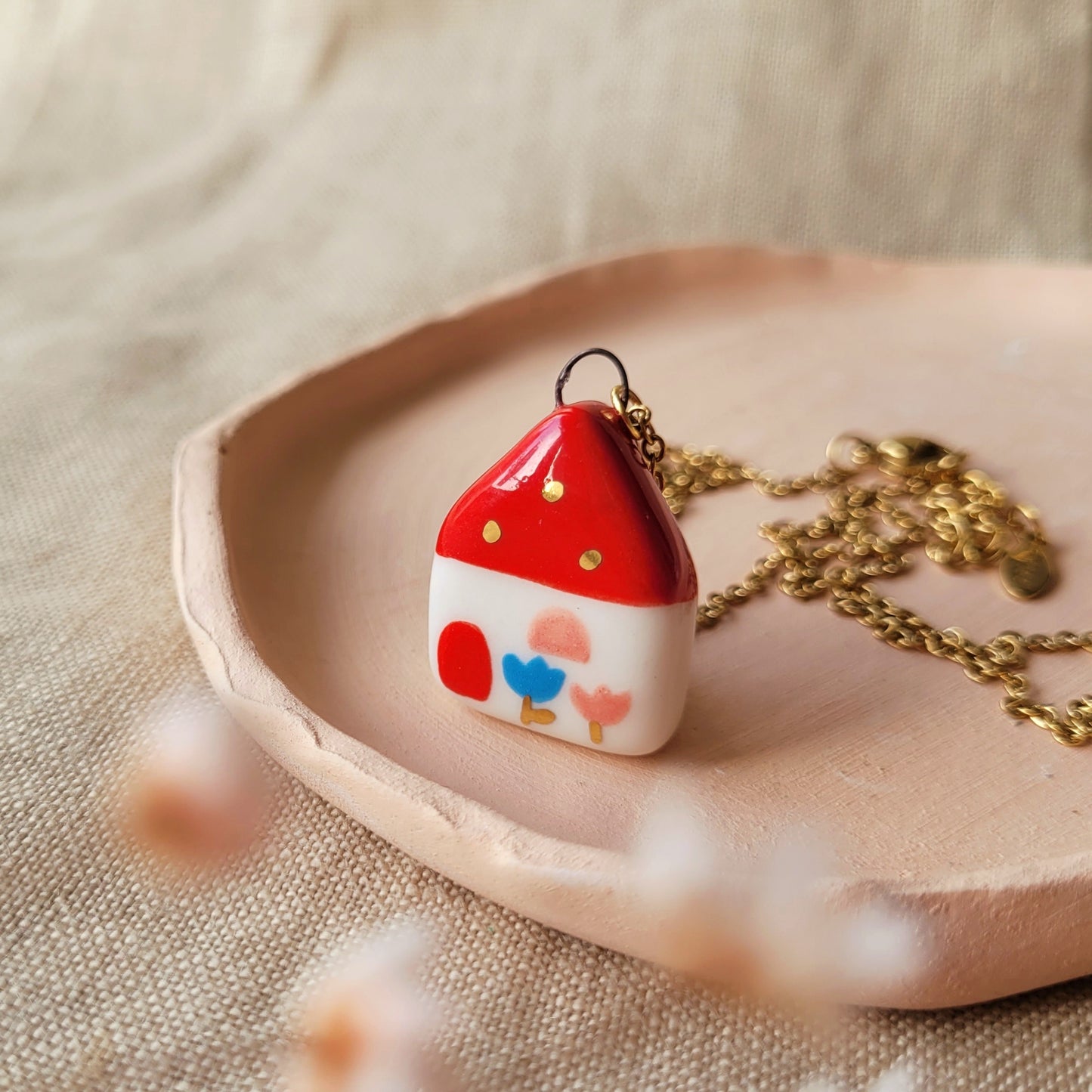 Porcelain necklace with gold "Red house with pink window"