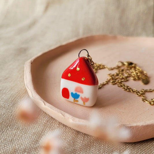 Porcelain necklace with gold "Red house with pink window"