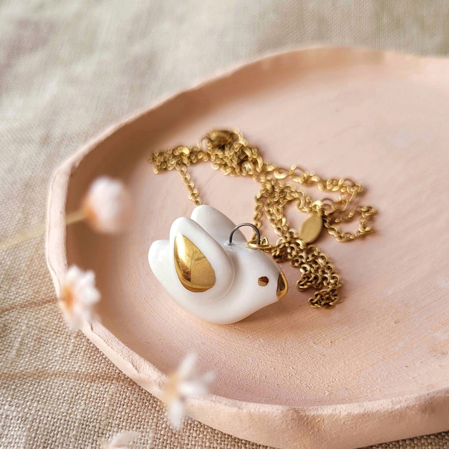 Porcelain necklace with gold "Little bird"