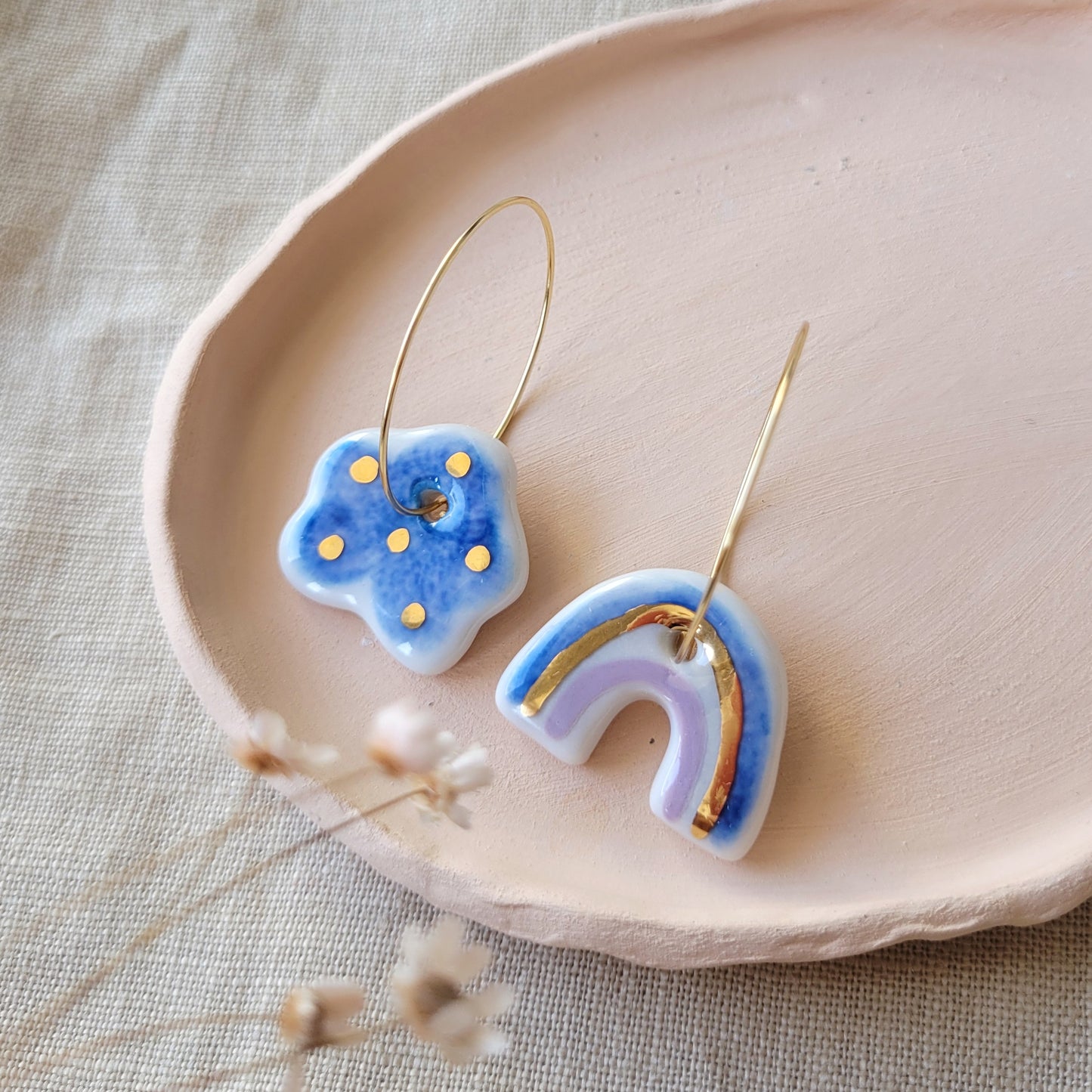 Porcelain dangle earrings with gold "Dark blue cloud and rainbow"