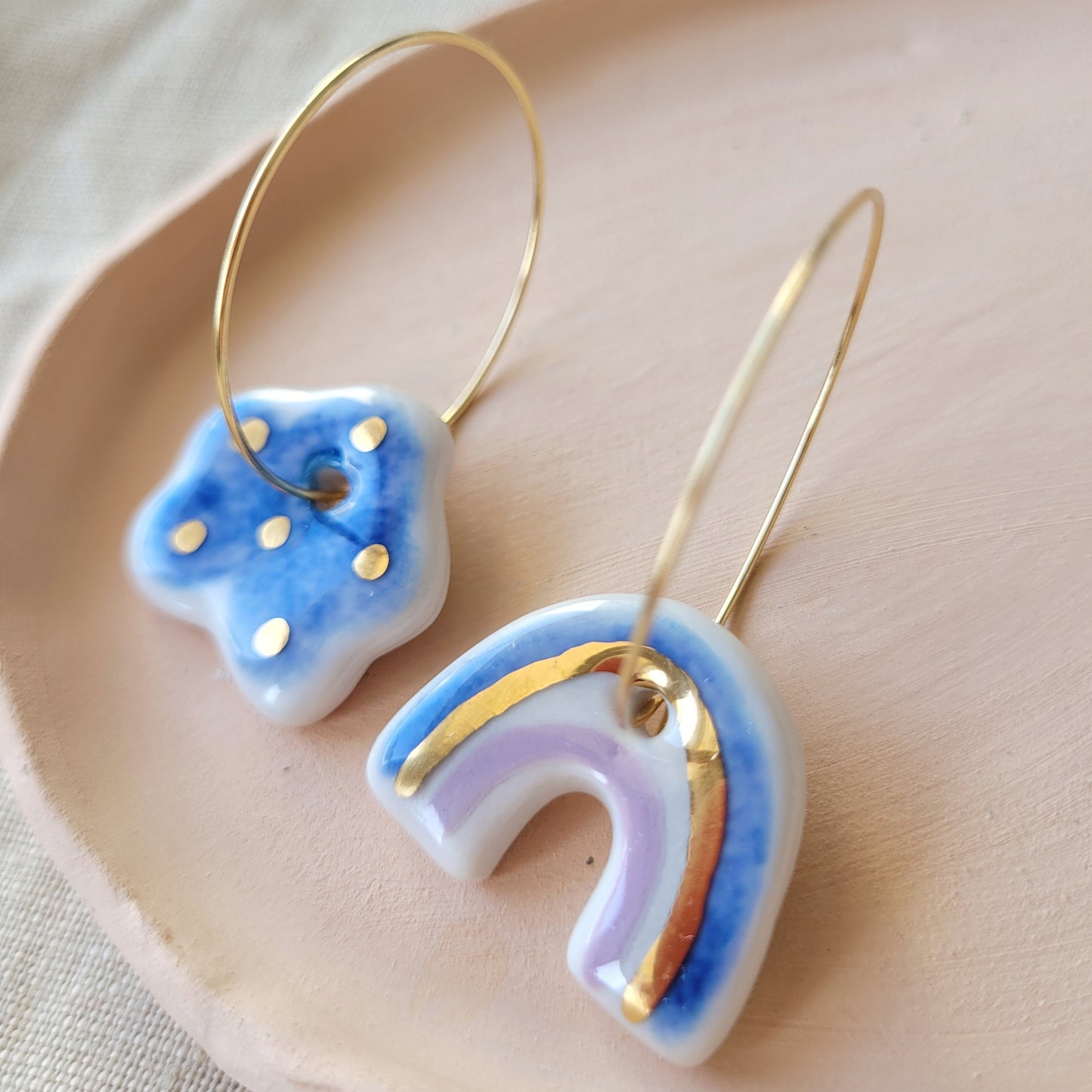 Porcelain dangle earrings with gold "Dark blue cloud and rainbow"