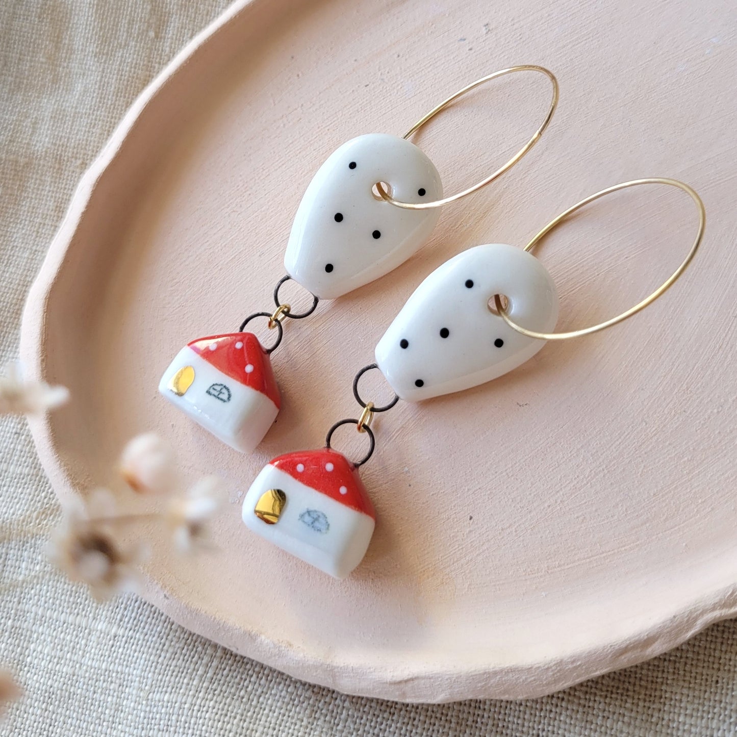 Porcelain dangle earrings with gold "Houses with balloons"