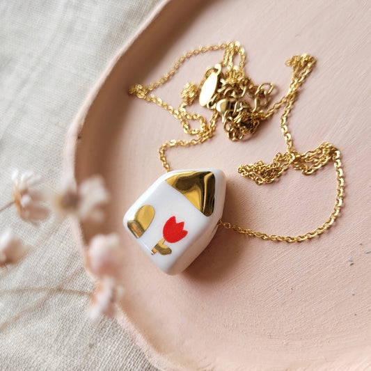 Porcelain necklace with gold "House with red tulip"