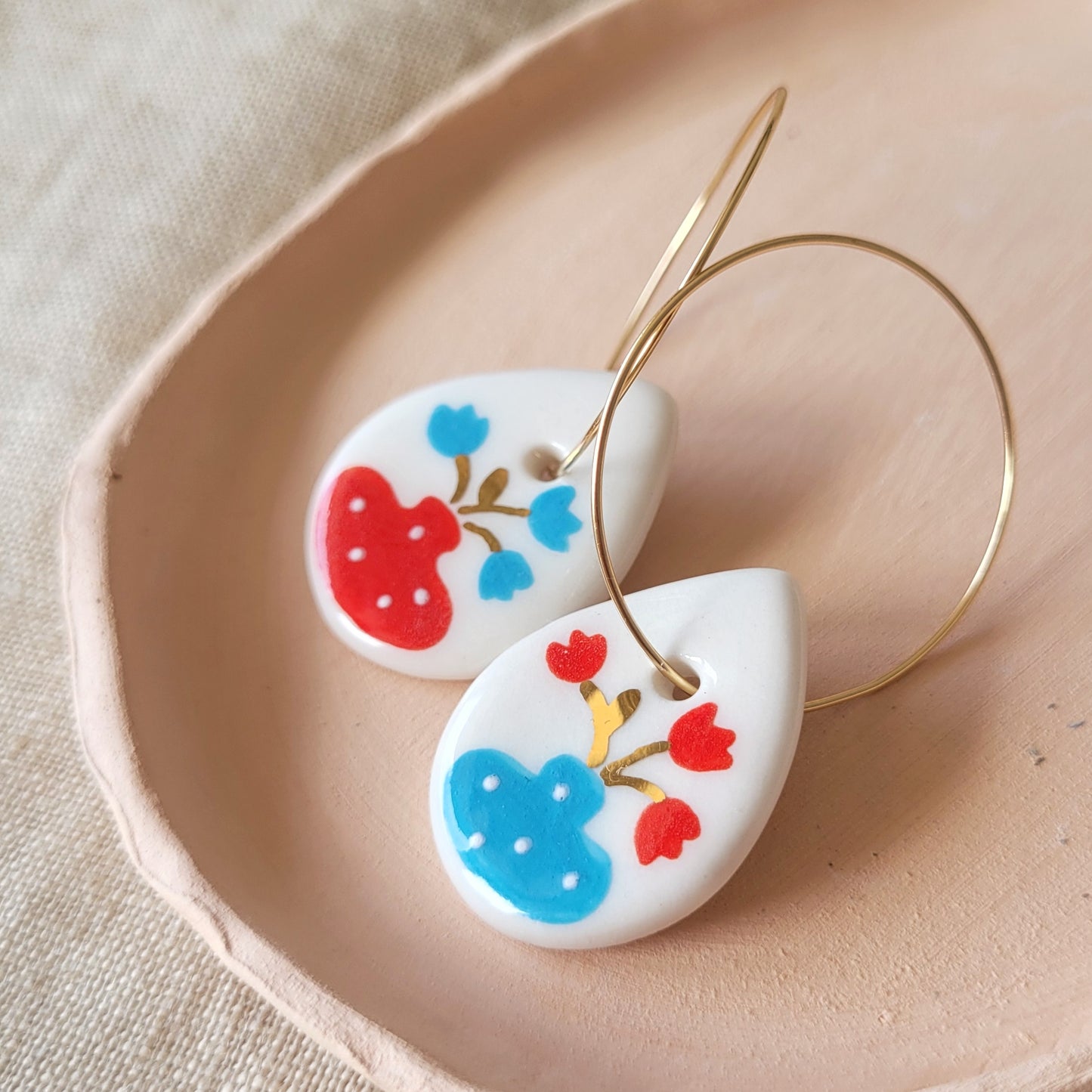 Porcelain dangle earrings with gold "Vases with tulips"