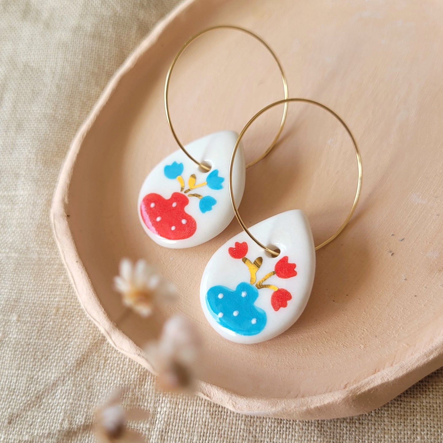 Porcelain dangle earrings with gold "Vases with tulips"