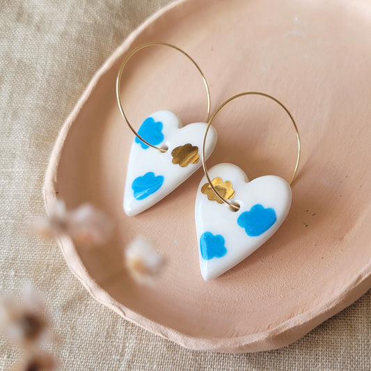 Porcelain dangle earrings with gold "Hearts with clouds"