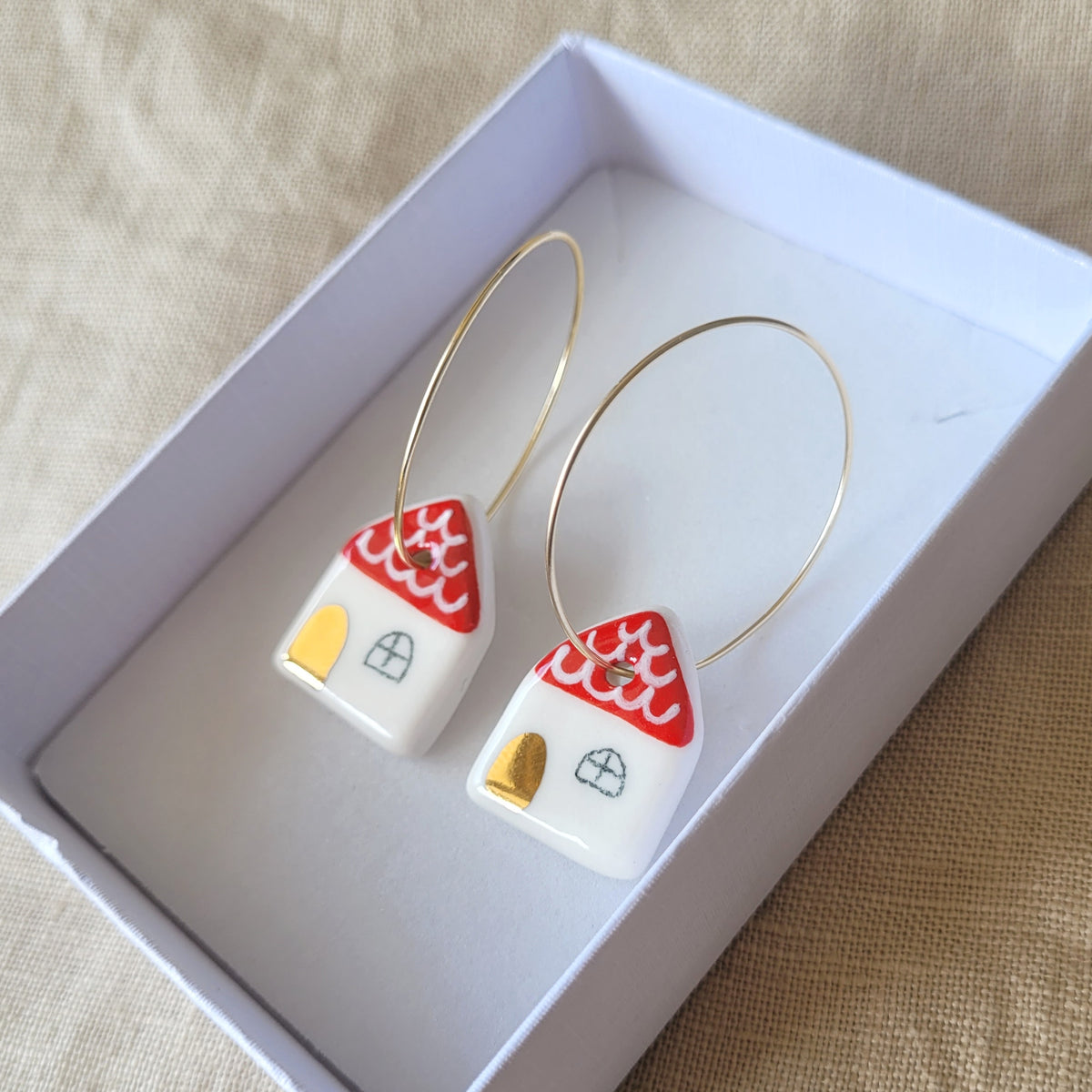 Porcelain dangle earrings with gold "Little houses"