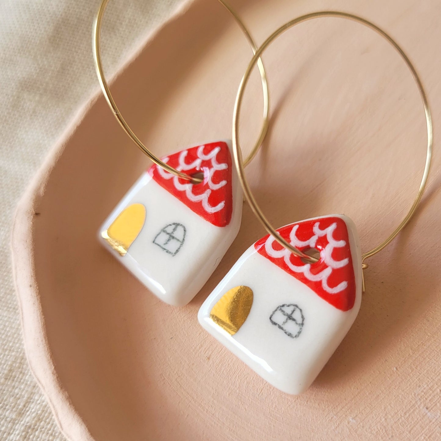 Porcelain dangle earrings with gold "Little houses"