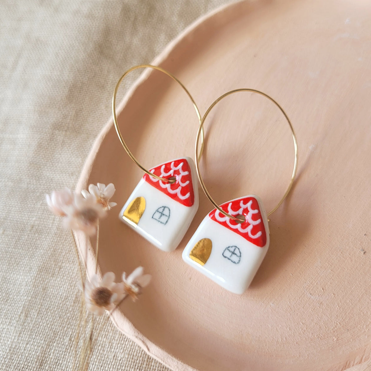Porcelain dangle earrings with gold "Little houses"