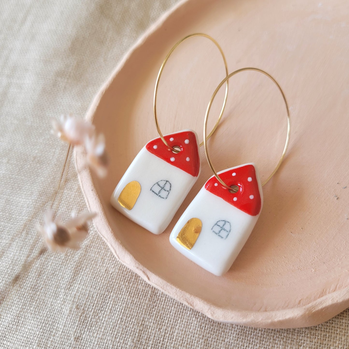 Porcelain dangle earrings with gold "Houses with golden doors"