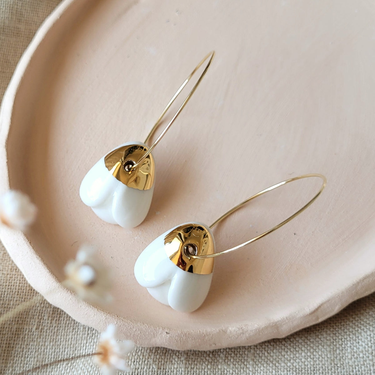 Porcelain dangle earrings with gold "Snowdrops SMALL"